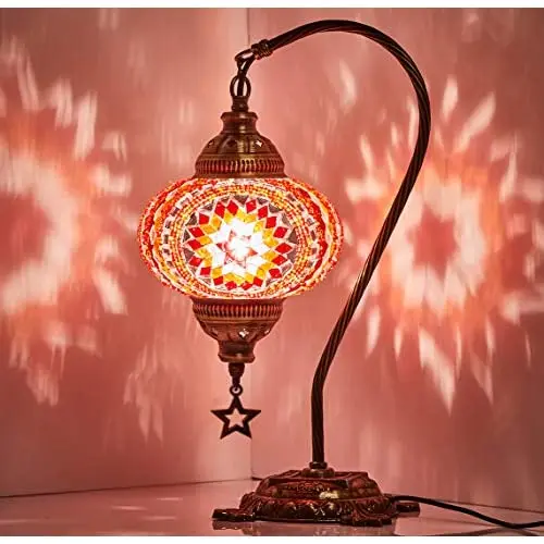 LaModaHome 2019 English Moroccan Mosaic Table Bedside Night Tiffany Bedside Lamp for US Use, Red