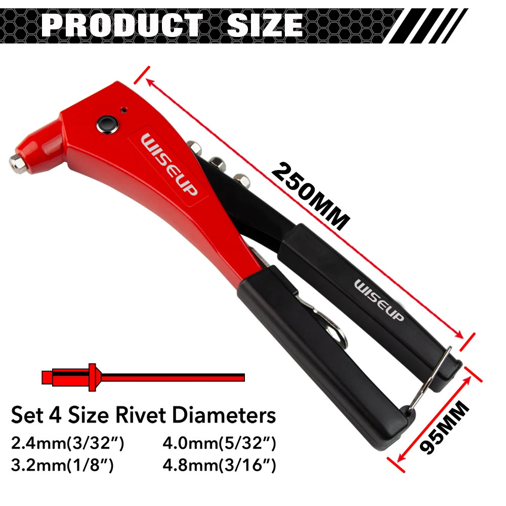 WISEUP 리베터 건 핸드 인서트 블라인드 리벳 너트 도구, 산업용 수동 네일 건 맨드릴, M2.4, M3.2, M4, M4.8 용, 리브너트 50 개 포함