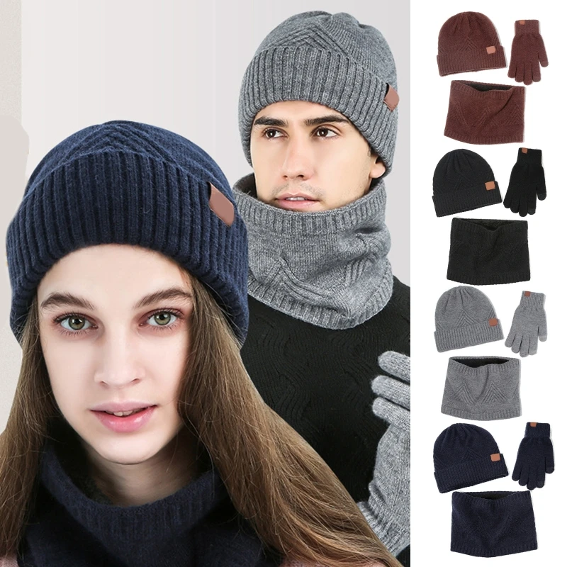 3 sztuk zima z pluszową wyściółką dzianina w paski czapka typu Beanie szalik rękawiczki do ekranu dotykowego zestaw Y1AC