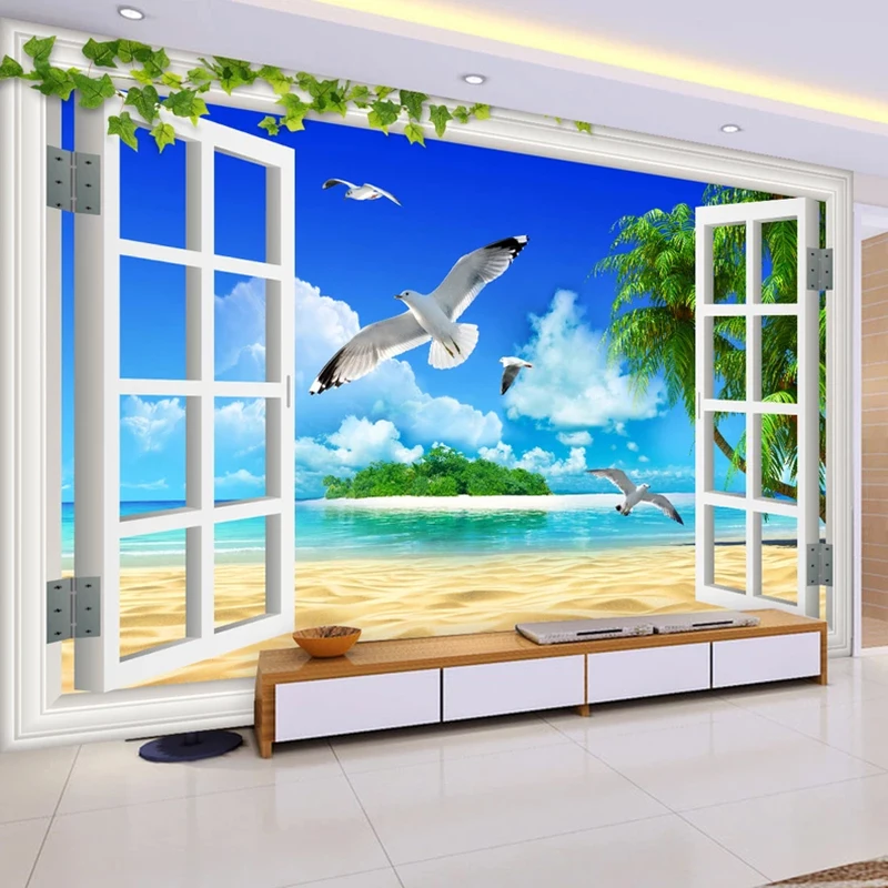 

Custom Photo Wallpaper 3D Window Seascape Seagull Beach Coconut Tree Space Expansion Mural Wall Painting For Living Room Bedroom