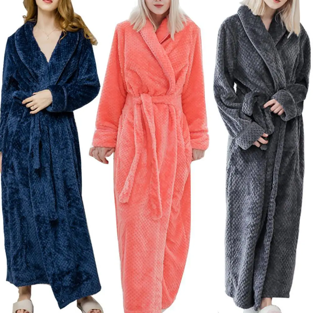 Winter Sleep Bath Robe Women Men Warm Fleece Bath Robes Bathrobe Solid Color Thicken Ankle-Length Bath Robe Night Gown Sleepwear