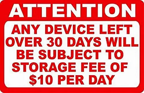 Attention Any Vehicle Left Over 30 Days Subject to Storage Fee Sign 12x16 Street Parking Warning Tin Sign Decor