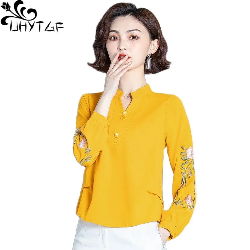 

UHYTGF 2022Women Autumn Shirt Fashion Embroidered Long-Sleeved Short Chiffon Blouses Female Thin Clothes 4XL Big Size Tops 2165