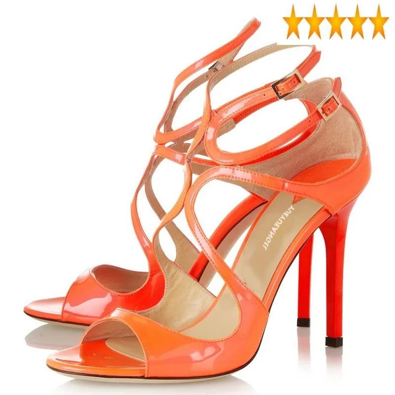 

Ankle Women Summer Strap Fashion Buckle Thin High Heels Sandals Sexy Peep Toes Patent Leather Banquet Party Elegant Ladies Shoes