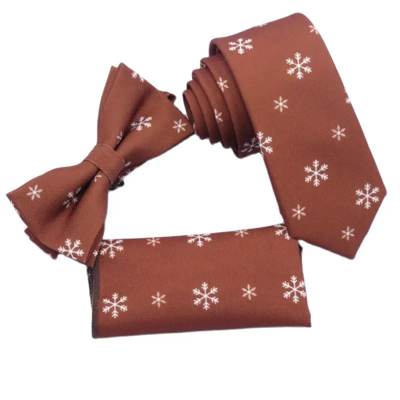 Light brown necktie, small pocket square, three sets of white snowflake design, men's brown bowtie 6ccm gravata