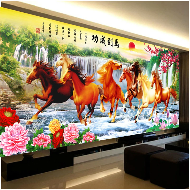 QIANZEHUI,Needlework,DIY landscape eight horse sun rising Cross stitch,Sets For Embroidery kits Cross-Stitch,Wall Home Decro