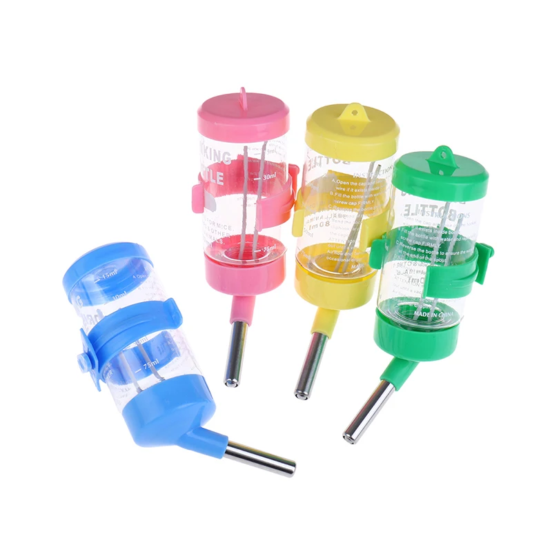 Dispensador de botellas de agua de plástico para hámster, comedero colgante para mascotas, conejillo de indias, ardilla, tubería de cabeza, 80ml, 1 ud.