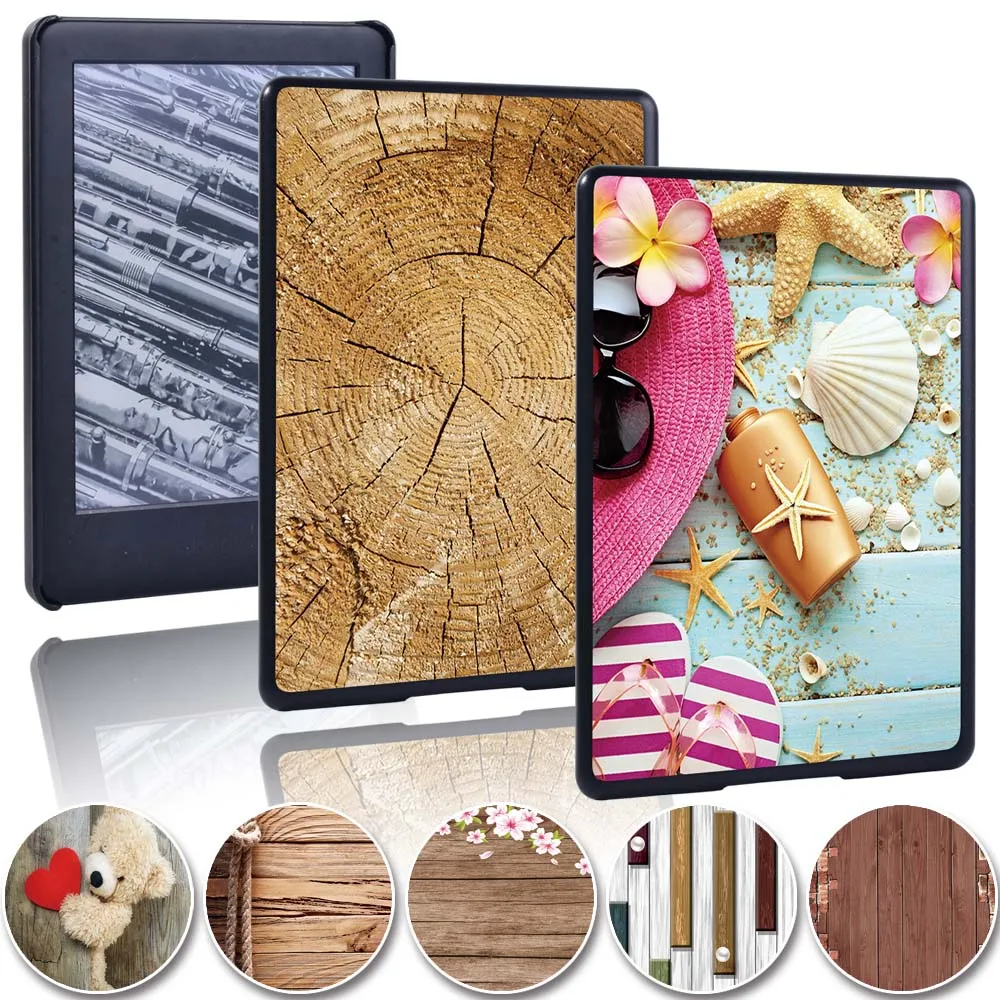 Printed Wood Tablet Shell Cover Case for Kindle 8/10th Paperwhite 1/2/3/4 Plastic Shockproof Protective Shell + Pen