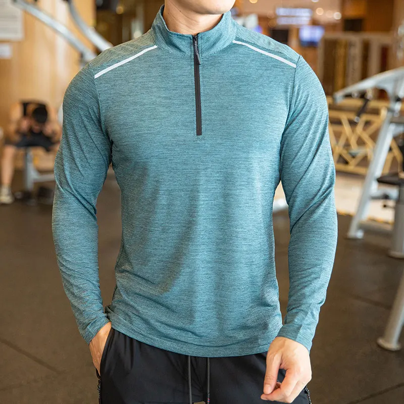 Quick Dry breathable Running Shirt Men Bodybuilding Sport T-shirt Long Sleeve Gym Fitness zipper stand collar Autumn winter