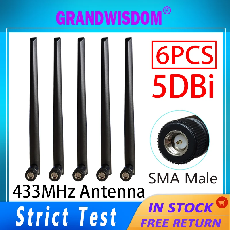 

GRANDWISDOM 6pcs 433mhz antenna 5dbi sma male lora antene pbx iot module lorawan signal receiver antena high gain