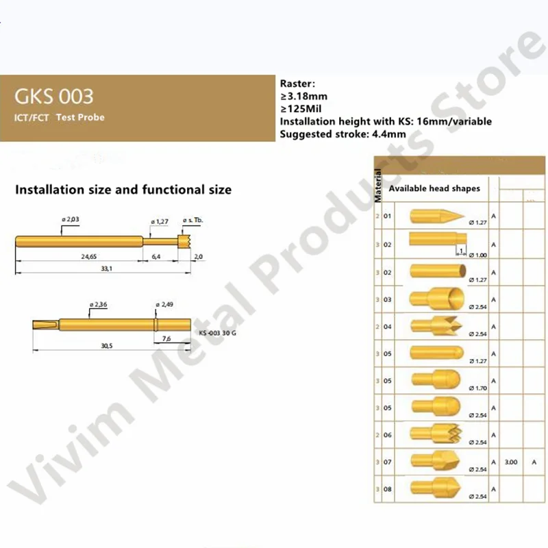 Sonda originale tedesca di INGUN GKS-003 206 254 A 3000/GKS-003 204 254 A 2000 125MIL P125-H e presa KS-003 manica 30 G 2.36mm