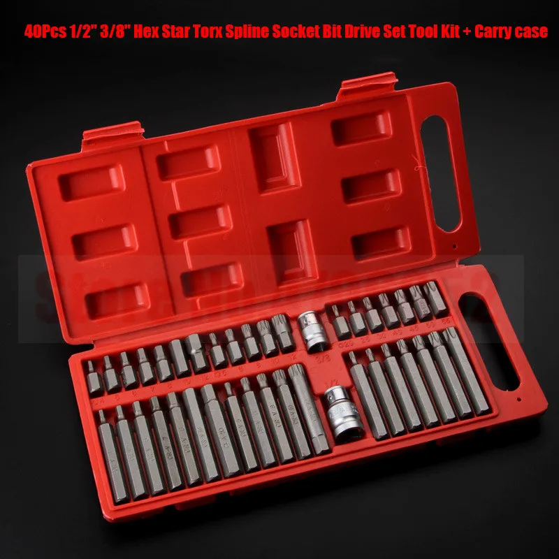 40pcs Torx Star Spline Hex Allen Key Socket Bit Set 3/8 & 1/2 Drive Long Deep