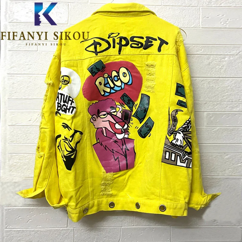 Jeans Jacket Women Streetwear Cartoon Print Fashion Graffiti Ripped Denim Jackets Chain Decorate Loose Hip Hop Jeans Coat Female