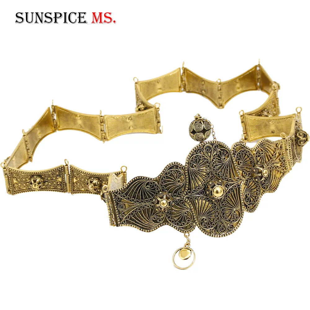 

Sunspicems Chic Turkey Caucasus Belt For Women Abaya Wedding Dress Waist Belt Chain Body Jewelry Antique Gold Color Arab Bijoux