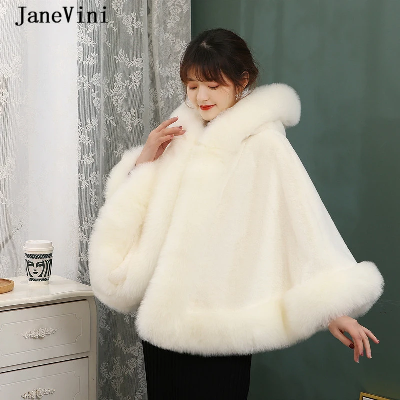 JaneVini High Quality White Hooded Fur Stole Bridal Faux Fur Jacket Furry Wedding Bolero Winter Warm Shawl Wrap Women Prom Cloak