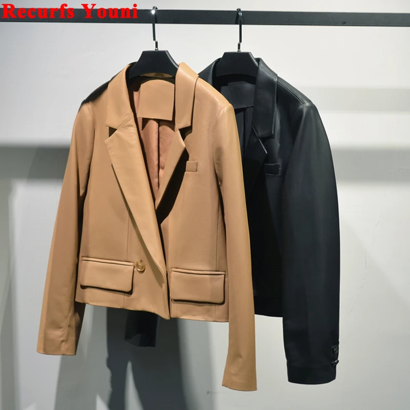 Suit Jacket For Women 2023 Spring/Winter Genuine Leather Tops Black Short Coat Mujer Lapel Simple Capable Office Blazer