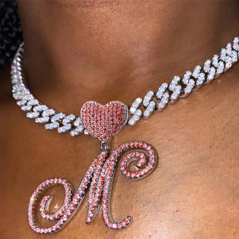 Hip Hop Pink A-Z Cursive Letter Initial Heart Pendant Necklace For Women Bling Iced Out Cuban Zircon Chain Necklace Punk Jewelry