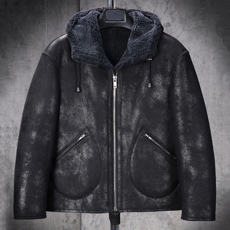 New Mens Sheepskin Shearling Jacket Black Leather Jacket Short Fur Coat Hooded Mens Winter Coats