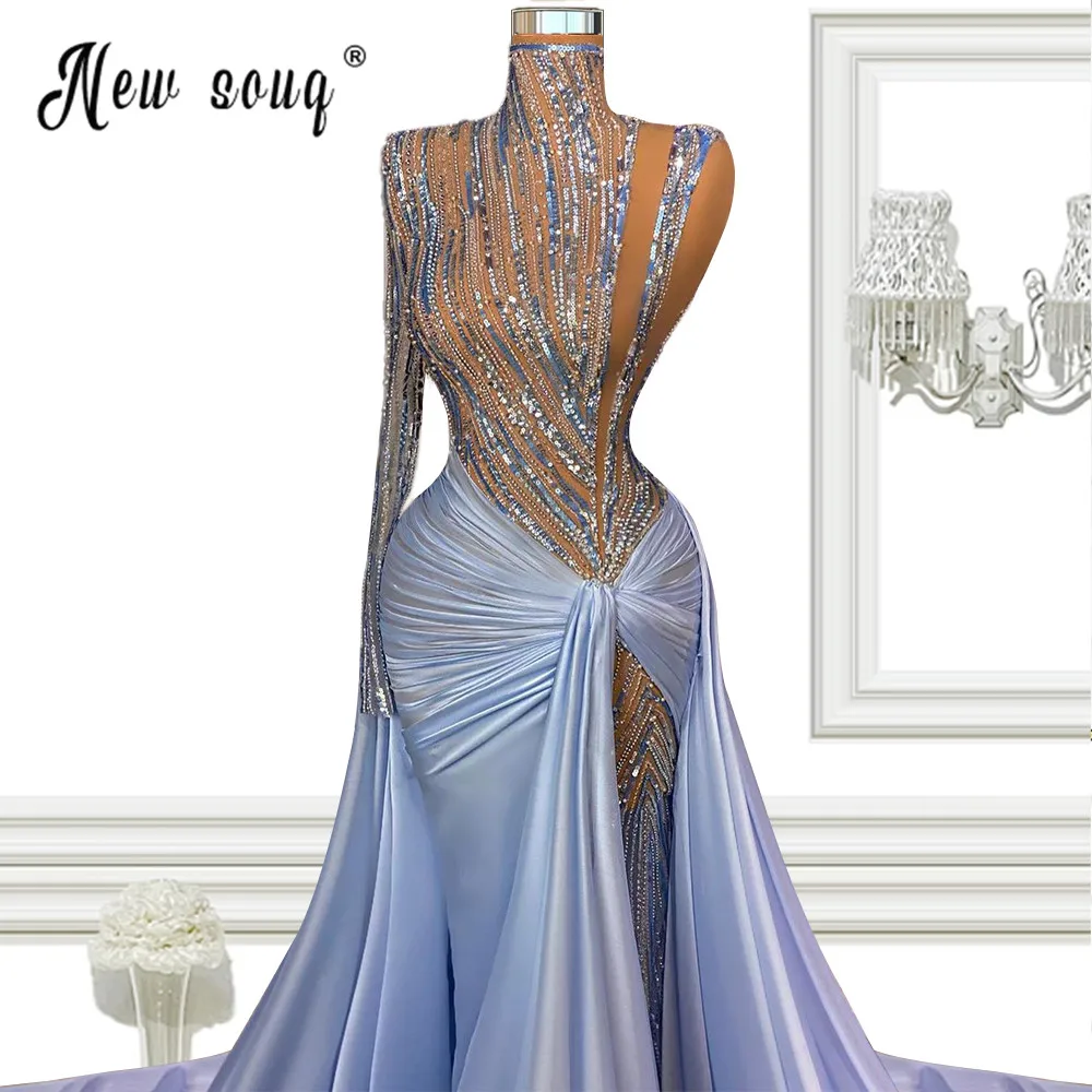 Sexy See Thru Mermaid Avondjurken Luxe Hoge Hals Kralen Formele Party Night Jurken Hoge Split Avondjurk Robe De soiree