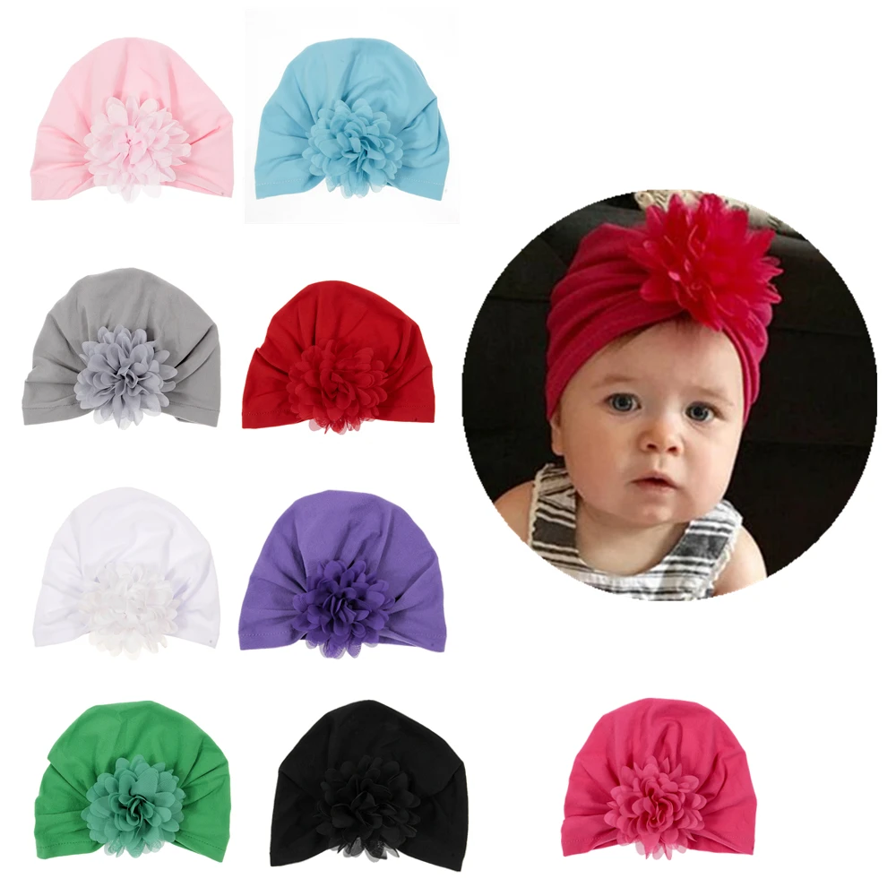 

New Cute Baby Girls Turban Hat Chiffon Flower Cotton Blend Newborn Caps Beanie Top Knot Handmade Hats Birthday Christmas Gift