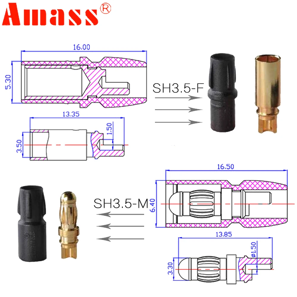 20/50 Pair Amass 3.5mm SH3.5 Gold Plated Connector With Protective Sleeves For RC Lipo Airplane Helicopter Car Truck Boat Toy