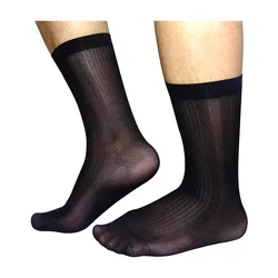 Mens Nylon Silk Socks Sheer Thin Formal Dress Socks Sexy Transparent Striped Socks High Quality Elastic Socks Black White Navy