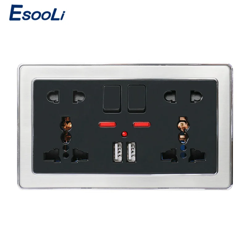 

Esooli Double Universal 5 Hole Switched Wall Socket With Neon 2.1A Dual USB Charger Port Stainless Steel Frame Black Outlet