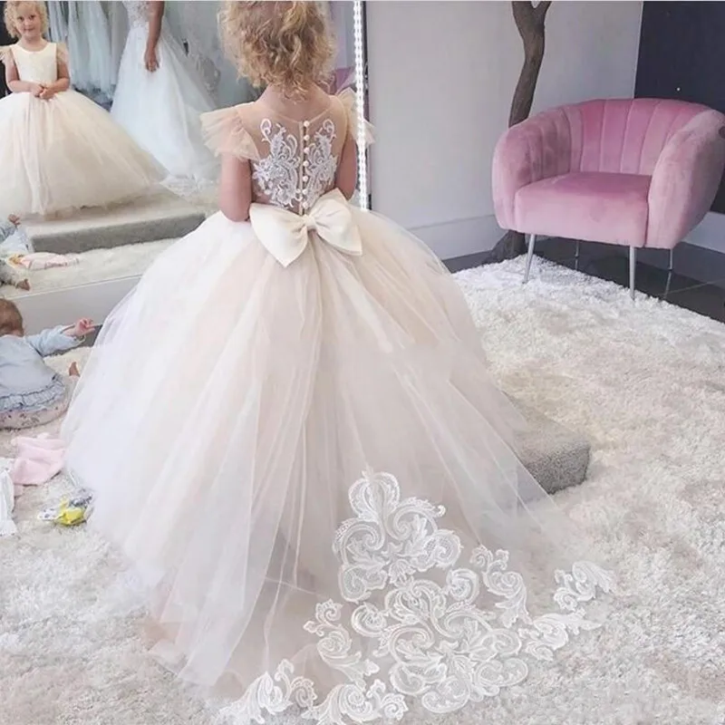 Abiti fiore per le ragazze Elegante Champagne Del Merletto di Applique Senza Maniche A Cascata Per Bambini Pageant Abiti Per Matrimoni Abiti Da Prima Comunione