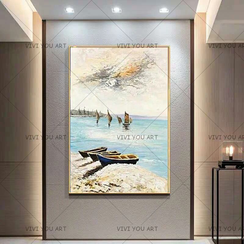 Large handpainted Abstract boats Oil Painting On Canvas 100% Handmade Beautiful Abstract Landscape Oil Paintings For Hotel Decor