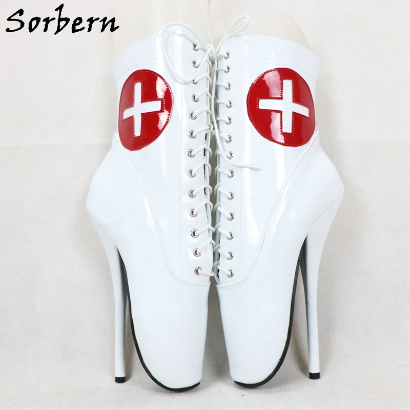 Sorbern Red Cross Nurse Ballet Boots Role Play Ankle High Booties Stilettos 18Cm Lace Up Unisex Plus Size Shoe Short Booties