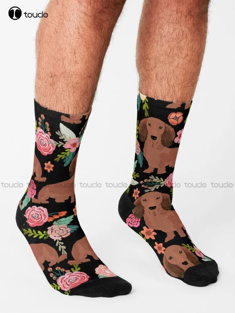 Dachshund Dogs With Flowers Socks Slipper Socks For Men Personalized Custom Unisex Adult Teen Youth Socks 360° Digital Print