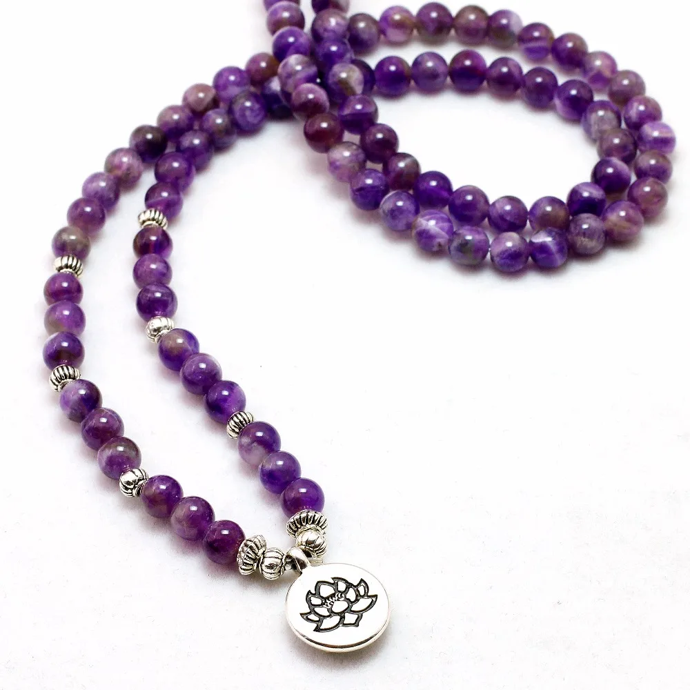 Natural Purple Crystal Chakra 108 Buddha Mala Bracelet or Necklace Yoga Mala Stone Bracelet for Women Lotus Jewelry