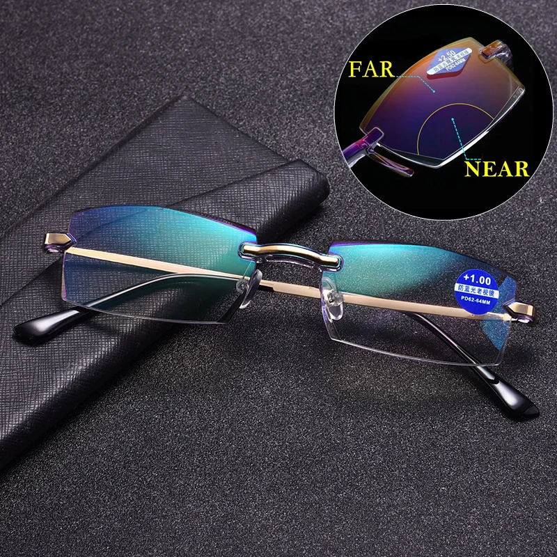 

Integrated Reading Glasses Men Anti Blue Light Rimless Glasses Vintage Bifocal Reading Glasses Frameless Tr90 Gafas Women +1.50