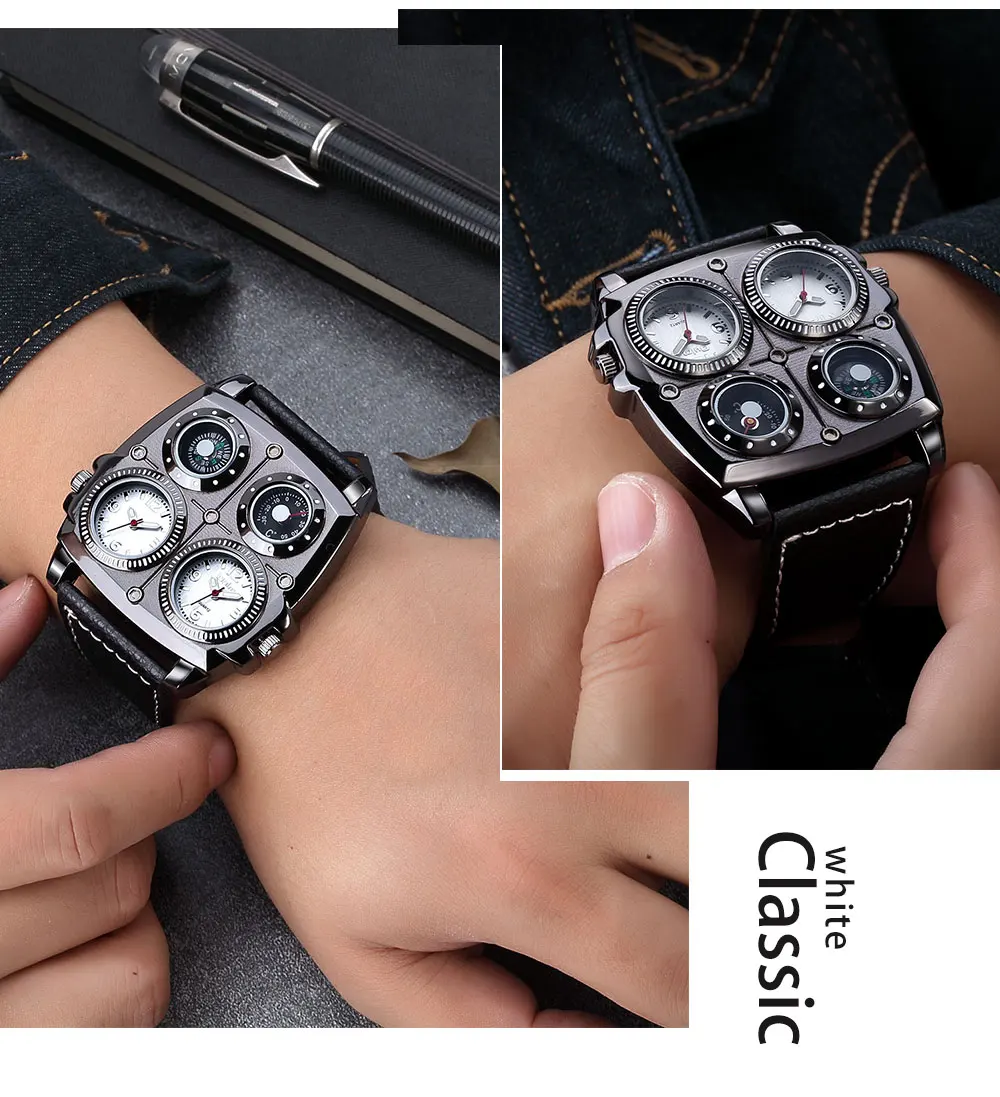 Oulm Men's Watches Two Time Zone Army Pilot Style Watch Big Size Military Quartz Clock Male Leather Strap Wristwatch