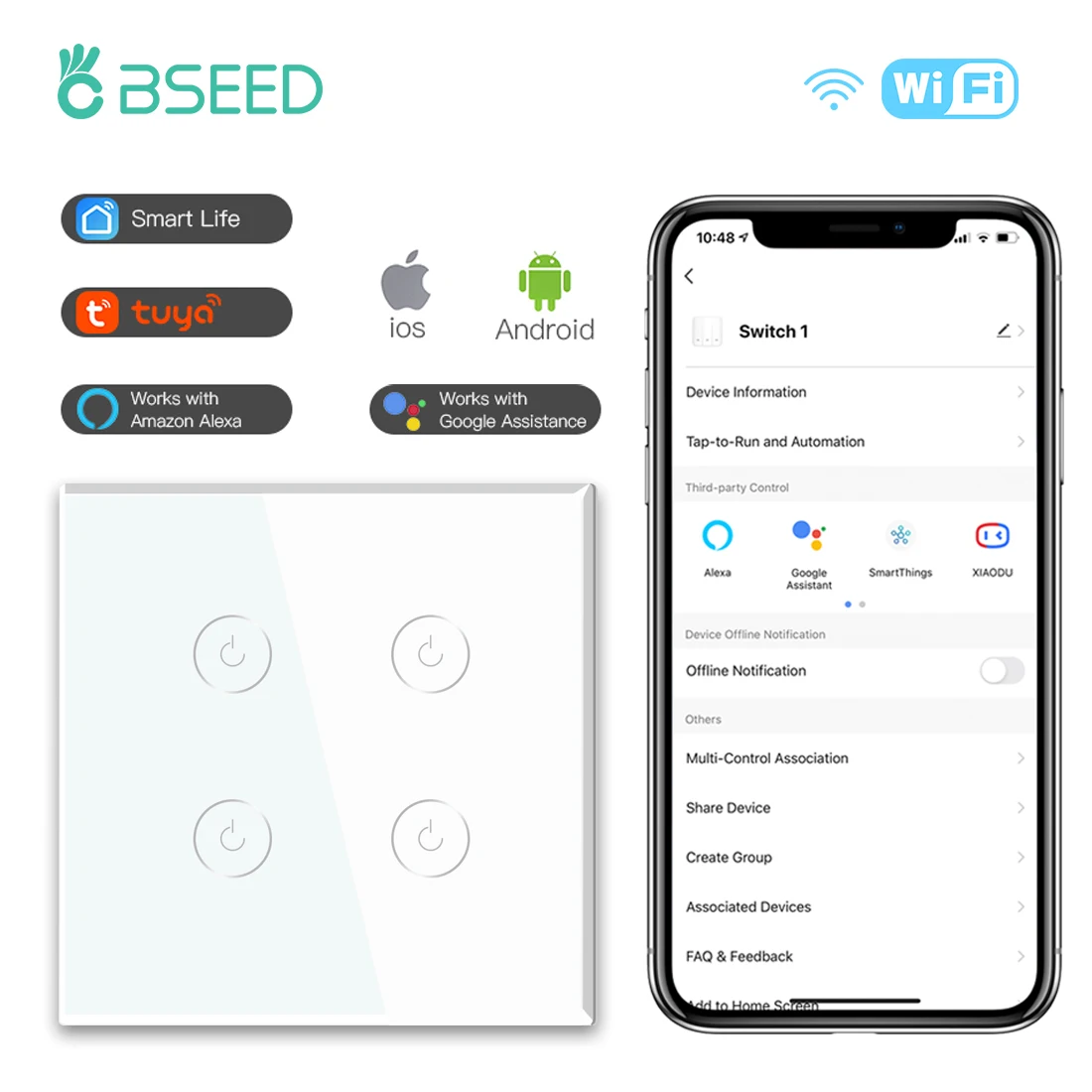 

Умные выключатели BSEED с Wi-Fi, 4 клавиши, 1/2/3 клавиши, сенсорный выключатель, беспроводной настенный выключатель с поддержкой Tuya, Google Smart Life