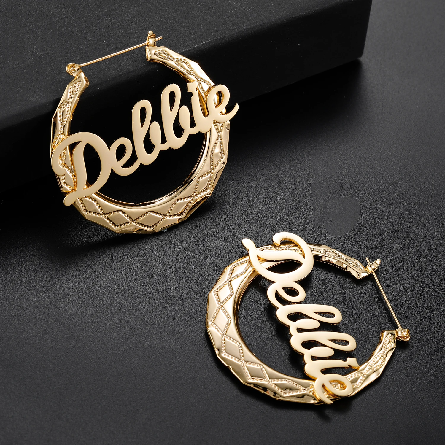 

Customized Bamboo Hoop Earring With Statement Words Personalized Stainless Steel Name Earrings For Women Fashion Jewelry Gifts