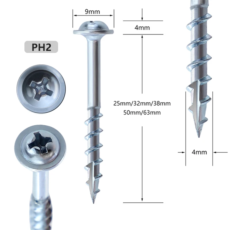 9mm/9.5mm Pocket Hole Plugs 25/32/38/50/63mm Zinc Coated Cross Head Wood Screws for Woodworking Joining Accessories