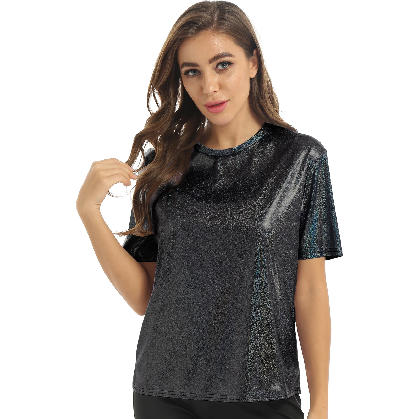 Womens Fashion Holographic T-Shirt Clubwear Shiny Metallic Casual Loose Top Sparkling Festival Party Tee Shirt Female Clothes