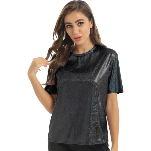 Imagen 2 del producto Camiseta holográfica de moda para mujer, ropa de discoteca brillante, Top suelto informal metálico, Camiseta brillante para fiesta y Festival