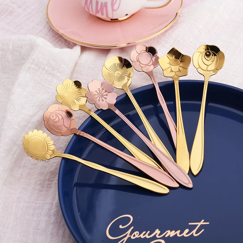 Creative Japanese Gold Stainless Steel Spoon Sakura Rose Small Coffee Tea Spoon Fancy Sugar Dessert Teaspoon