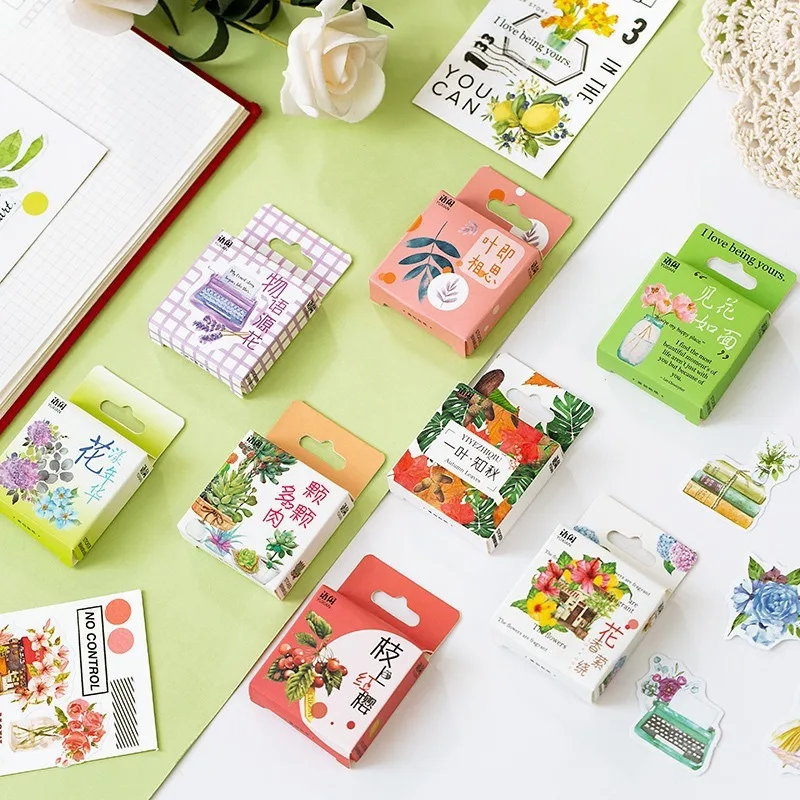 Boxed Stickers Stationery Fresh Green Plant Lovely Flower Deco Scrapbooking Diary DIY Material Label Sticker 50 Pieces