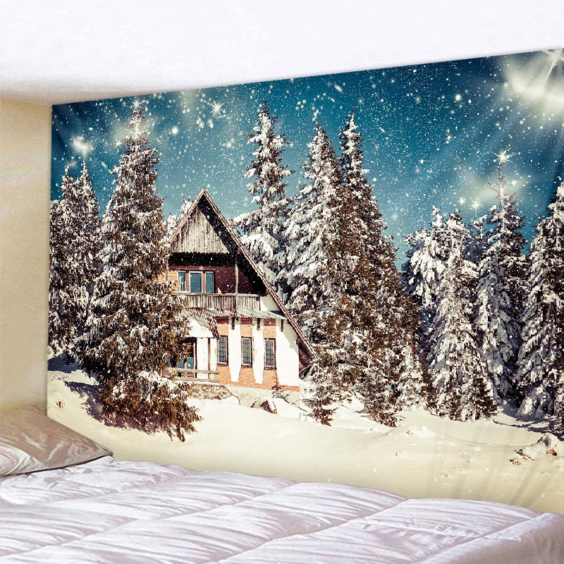 

Night Sky and Snow Forest Tapestry, Wall Cloth, Scene Decoration, Hippie, Winter, Beauty, Scene