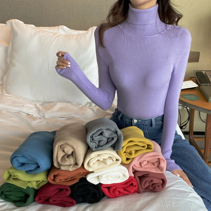 Zoki Soft Women Turtleneck Sweater Autumn Knitted Solid Jumper Winter Long Sleeve Elastic Pink Female Pullover Top Dropshipping