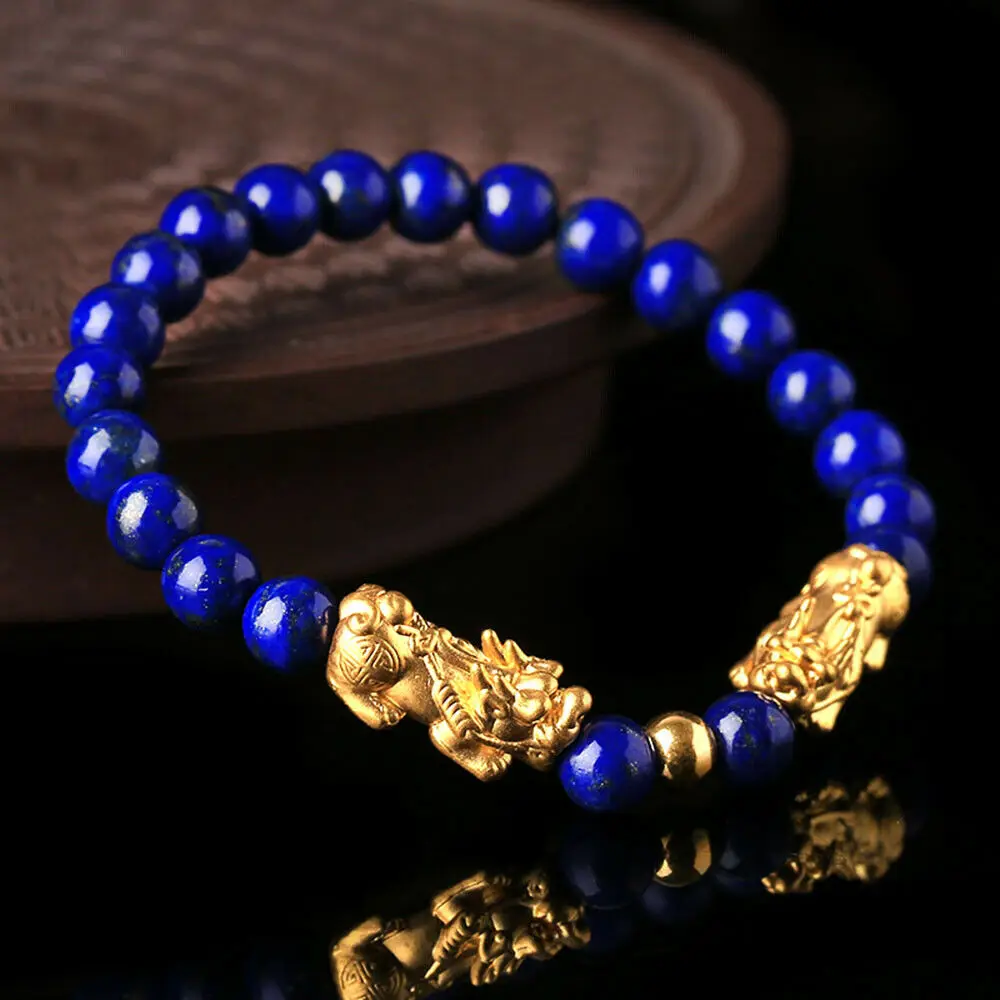 999 Real 24K Yellow Gold Bracelet For Women 3D Hard Gold Pixiu Gold Beads 3mm with 8mm Lapis Lazuli Beads Bracelet