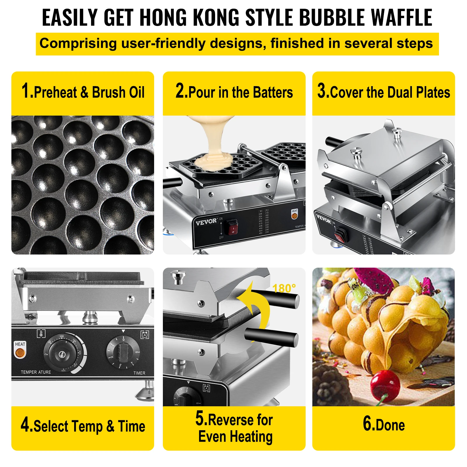 VEVOR Máy Làm Bánh Waffle 1100W Thương Mại HongKong Bong Bóng Trứng Phồng Bánh Baker Máy Đảo Chiều Đôi Nướng Chảo Nấu Ăn Đồ Gia Dụng