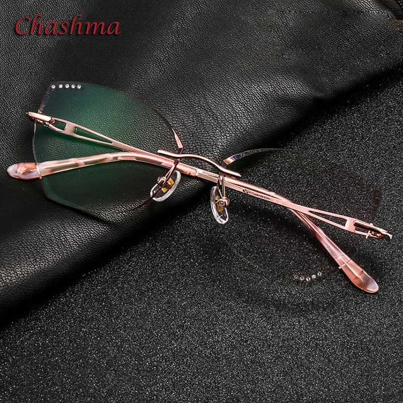 Cat Eye Glass Colored Lenses Fashion Frame Women Optical Rimless Titanium Spectacles Female with Stones