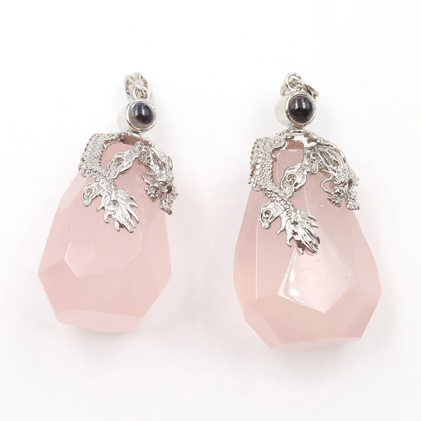 Silver Plated Chinese Style Dragon Wrap Irregular Shape Natural Rose Pink Quartz Pendant Lemon Crystal Jewelry