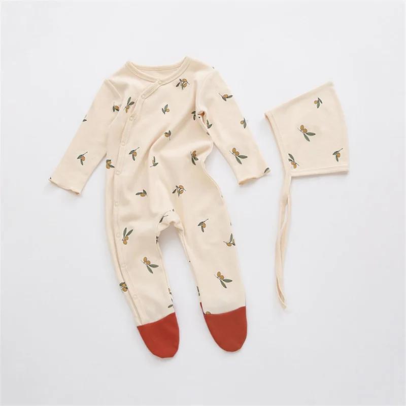 2Pcs Newborn Baby Boy Girl Clothes With Hat Spring Baby Footed Romper Cotton Baby Girl Pajamas Infant Baby Jumpsuit Outfits