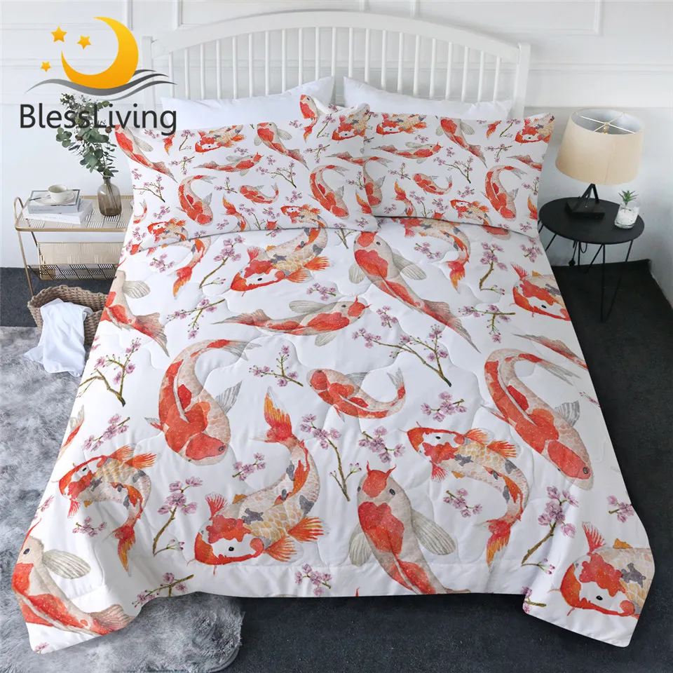 

BlessLiving Koi Summer Quilt Set Lucky Fish Blanket Peach Blossom Bedding Japanese Style Bedspread Auspicious Couette De Lit