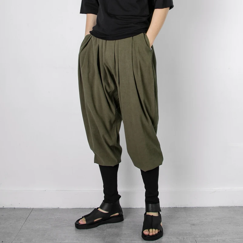 Four Seasons Minimalist Japanese Dark Black Mountain Style Pants Rib Bag Calf Loose Harem Pants Men